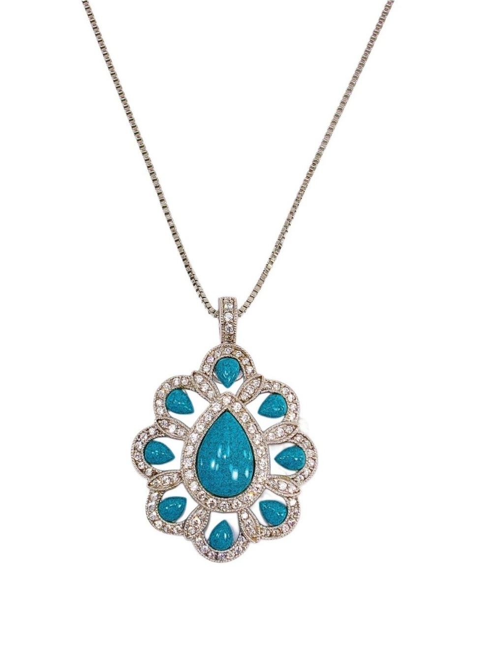 Turquoise and cubic zirconia stone pendant necklace w/ teardrop center bead NEW